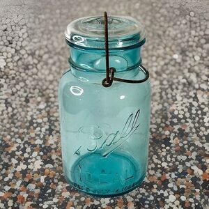 BALL Mason Canning Jar Ideal Pat July 14, 1908 Blue Quart wGlass Lid and bail #6